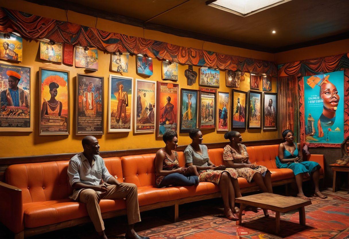 A captivating scene depicting a vibrant Kenyan cinema, showcasing a diverse group of people engaging with films, laughter, and intimate connections. Include colorful posters of erotic entertainment on the walls, as well as elements symbolizing African culture and sensuality, like traditional fabric patterns and rich landscapes. The atmosphere should be lively and warm, inviting viewers to explore the fascinating world of eroticism in cinema. super-realistic. vibrant colors. cinematic atmosphere.