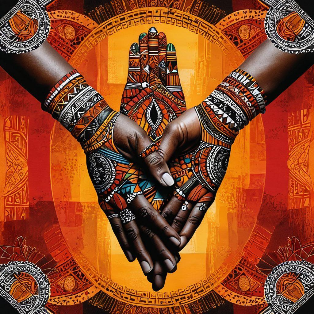 A vibrant collage of Kenyan cultural symbols intertwined with abstract representations of intimacy, featuring gracefully intertwined hands and bold, passionate colors. Include elements of traditional Kenyan art patterns and textures, capturing the essence of sexuality and connection. The background should be a gradient of warm tones, evoking emotion and warmth. artistic interpretation. vibrant colors. abstract and cultural elements.