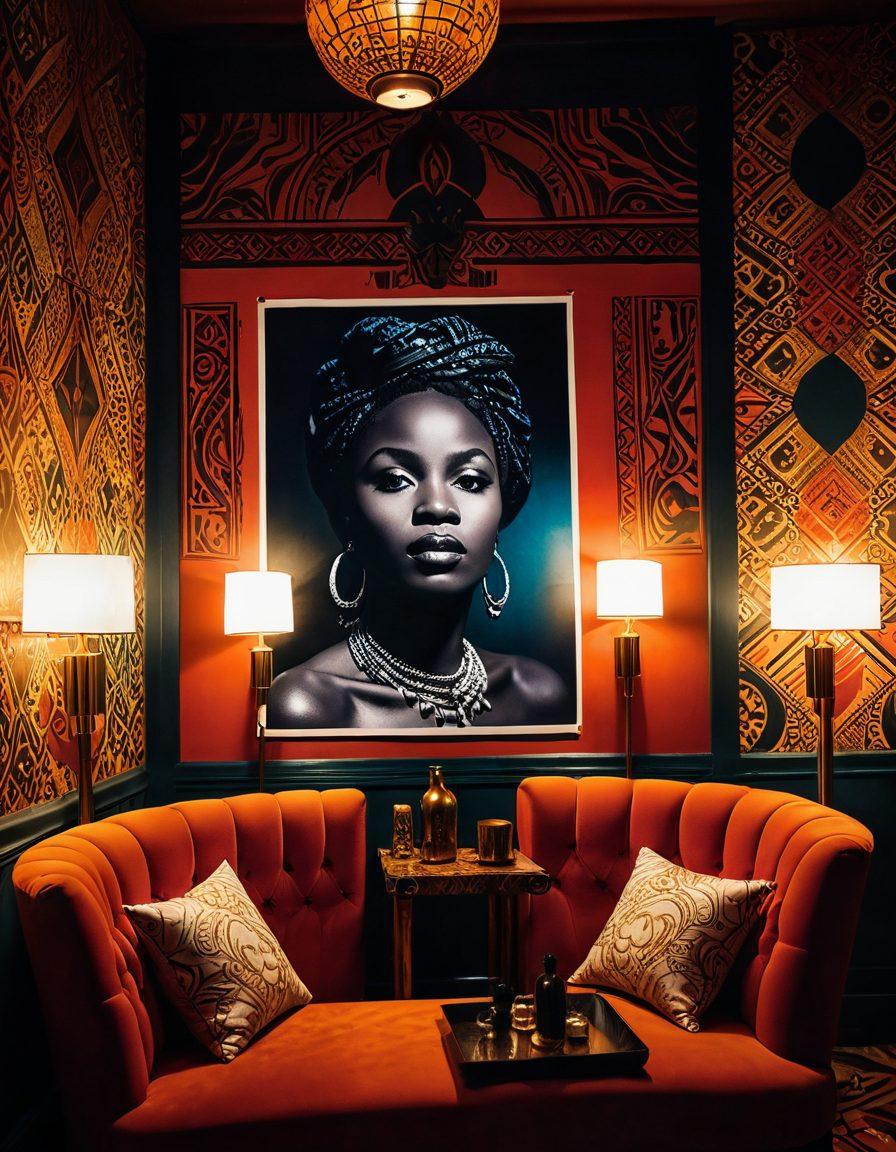 A dramatic scene set in a vibrant African cinema, showcasing a stylish film screening with an intimate audience. The walls are adorned with colorful posters of classic erotic films, while an enchanting ambiance creates a sense of allure. Soft lighting highlights the diverse faces of captivated viewers, immersed in the storytelling. Incorporate traditional African patterns in the decor to reflect cultural richness. bold colors. cinematic style. vintage aesthetic.